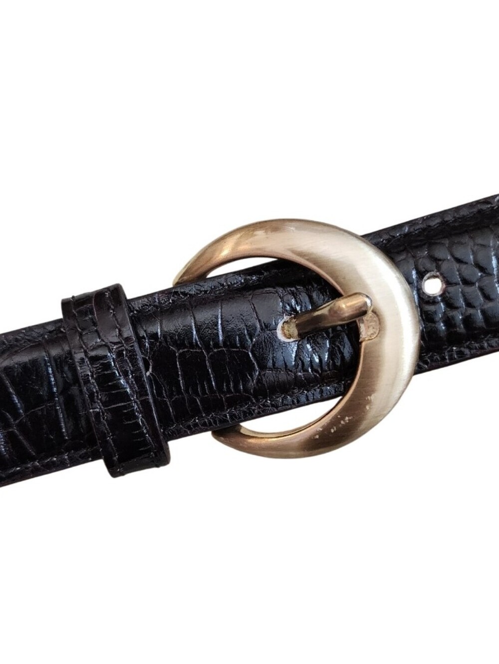 ANN TAYLOR Vintage 1990s Dark Brown Croc Embossed Leather Belt Gold Buckle M